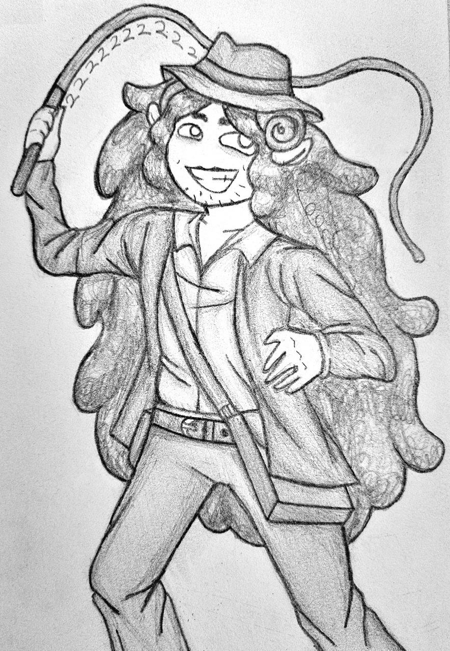 A traditional drawing of transmasculine Aradia, who is dressed up as Indiana Jones.
